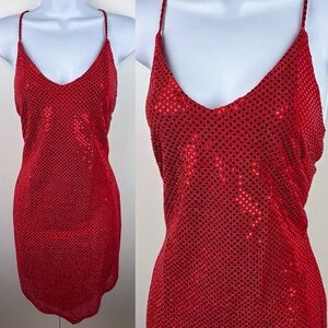 Y2K Red Sequin Criss Cross Open Back Cocktail Mini Showgirl Dance Party Dress
